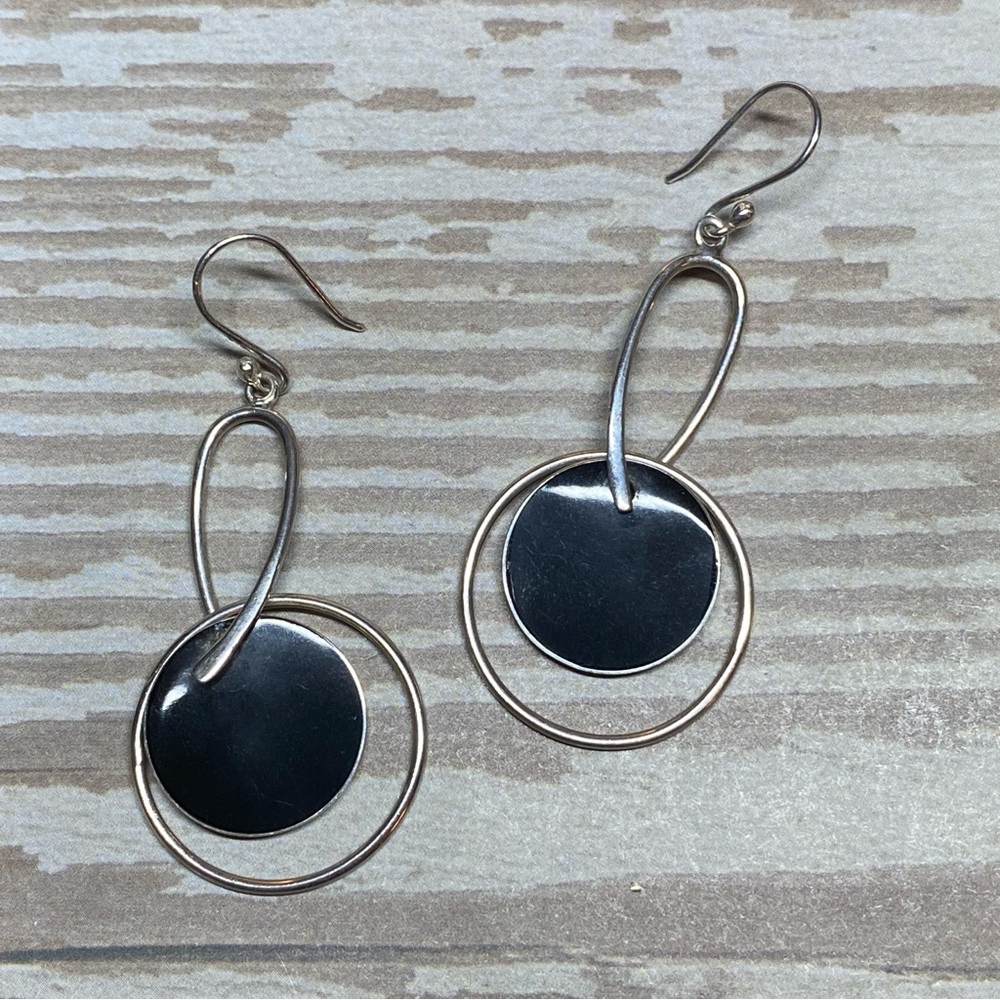 Vintage Mexico sterling silver  black enamel dangle earrings